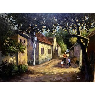 Tranh tô màu theo số, tranh số hóa 40x50cm Làng quê tuổi thơ, ký ức tuổi thơ