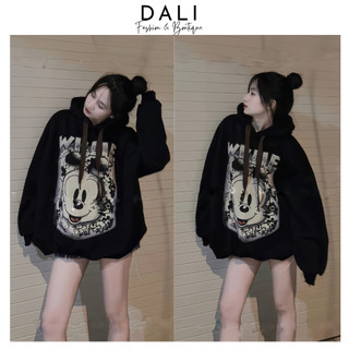 Áo Hoodie Tay Bồng Dáng Rộng In Mickey Loang, Áo Nỉ Mũ 2 Lớp Chất Liệu 2ZA Cao Cấp