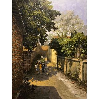 Tranh tô màu theo số, tranh số hóa 40x50cm Ký ức tuổi thơ, làng quê Bắc Bộ