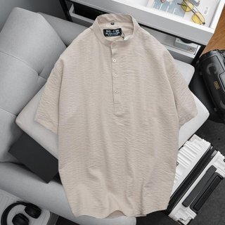 [bigsize < 130kg] Áo sơ mi nam tay ngắn cổ trụ vải đũi bigsize- tròng cổ