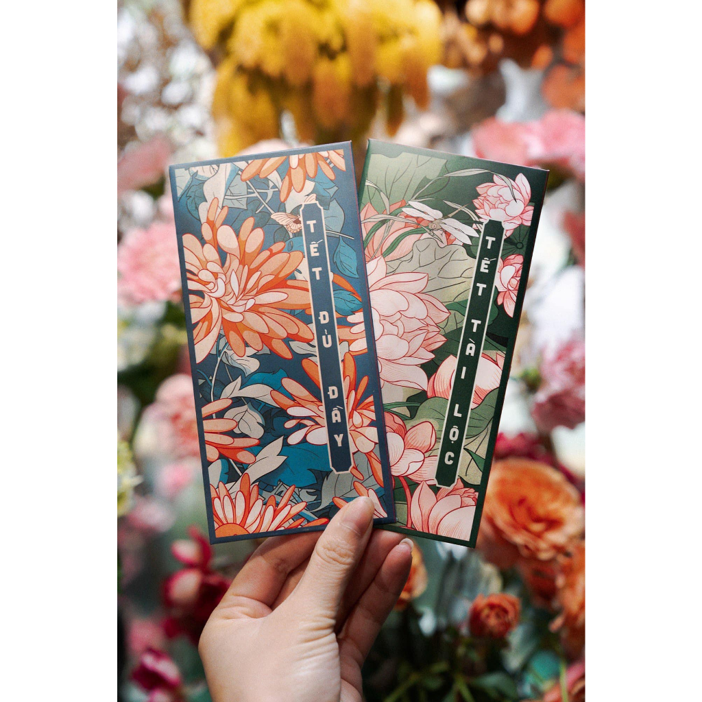 Trọn Bộ Lì Xì Vintage Hoa Lá 4 mùa, Giấy C150 Cán Mờ Sắc Nét