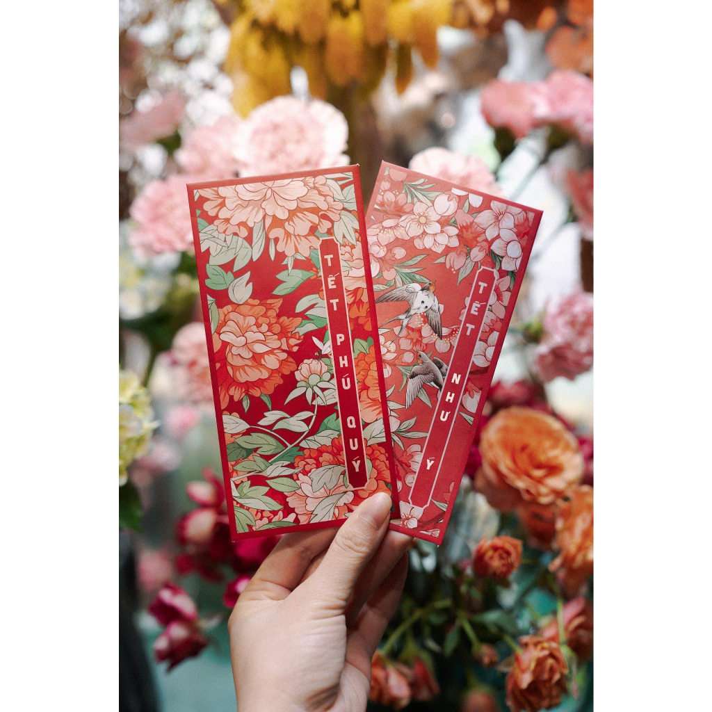 Trọn Bộ Lì Xì Vintage Hoa Lá 4 mùa, Giấy C150 Cán Mờ Sắc Nét