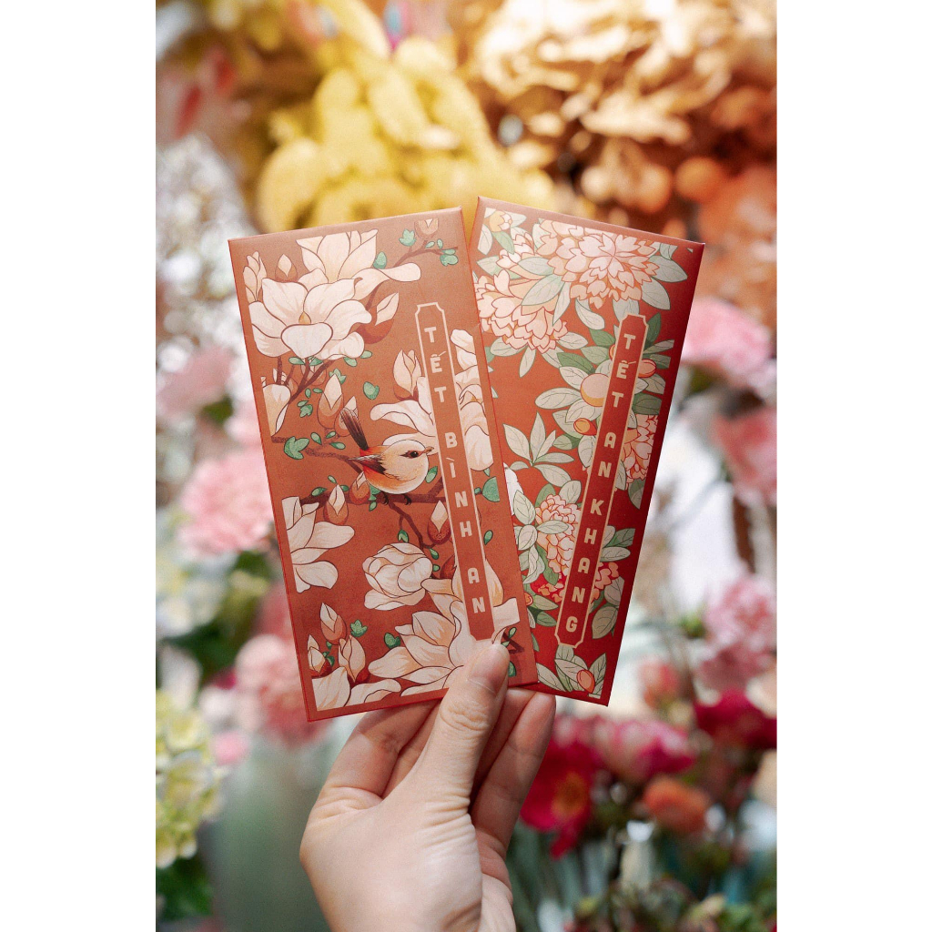 Trọn Bộ Lì Xì Vintage Hoa Lá 4 mùa, Giấy C150 Cán Mờ Sắc Nét