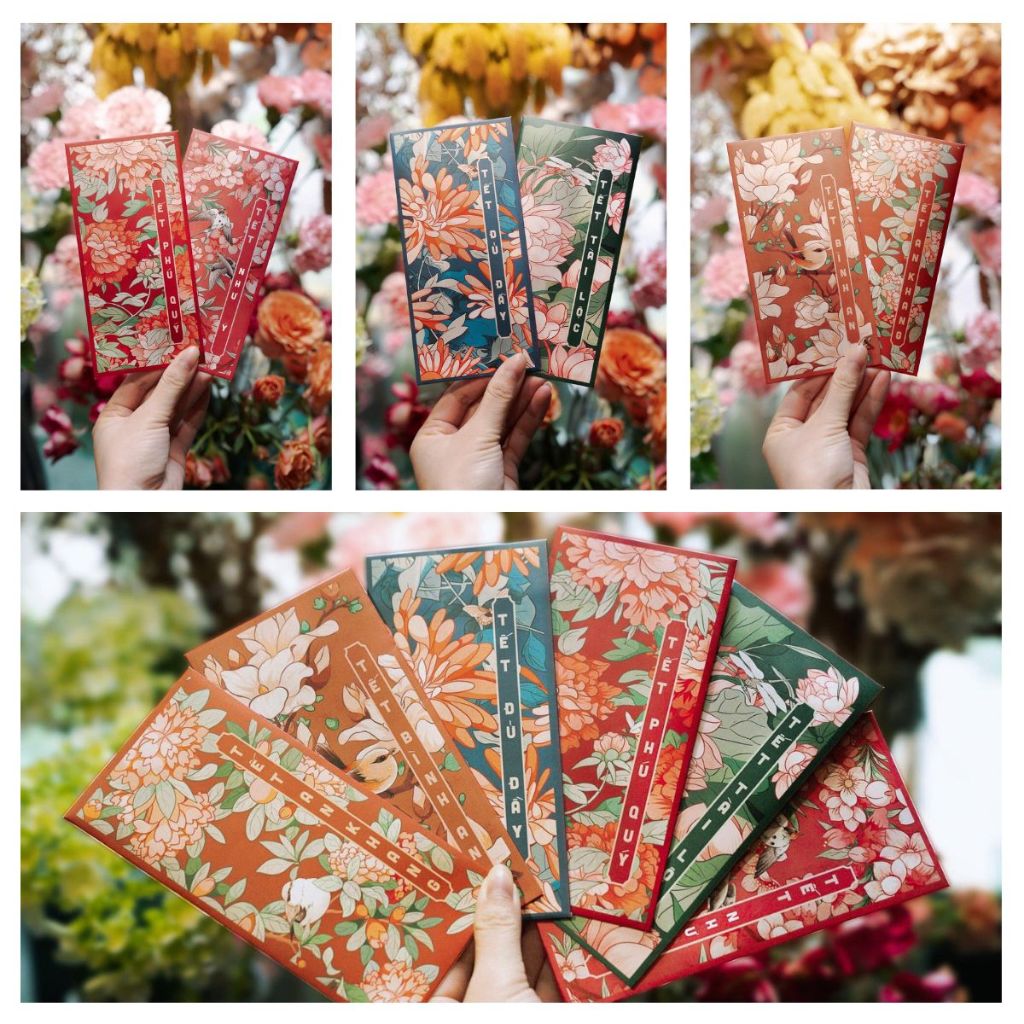 Trọn Bộ Lì Xì Vintage Hoa Lá 4 mùa, Giấy C150 Cán Mờ Sắc Nét