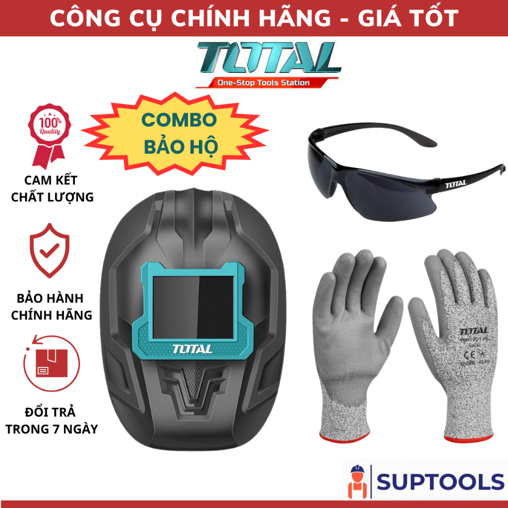 Combo bảo hộ Mặt nạ hàn, kính hàn, găng tay chống cắt TOTAL TSP9216 TSP307 TSP1701-XL [Đồ nghề chính hãng]