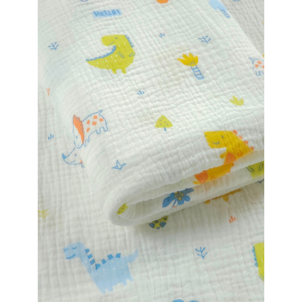 Vải Xô Muslin 2 lớp Siêu Mềm họa tiết Khủng Long may khăn Chăn cho bé