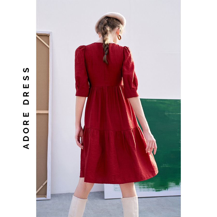 Đầm Midi dresses casual style đũi trơn cam phối ren thêu nối tầng 312DR2069 ADORE DRESS