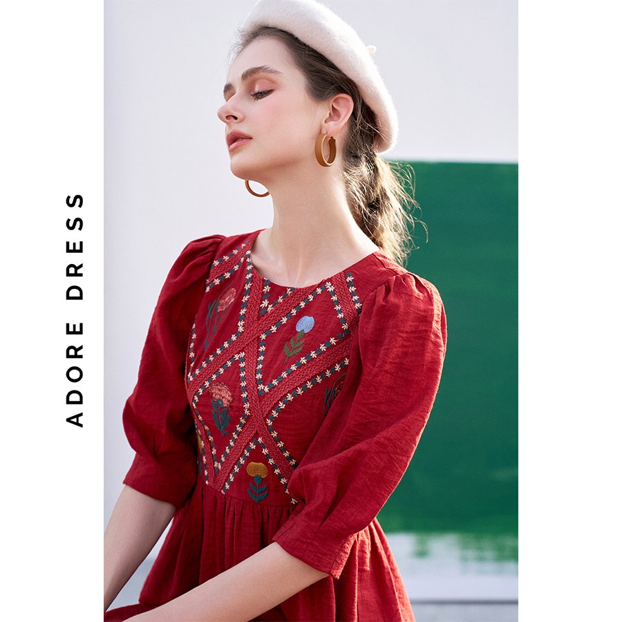 Đầm Midi dresses casual style đũi trơn cam phối ren thêu nối tầng 312DR2069 ADORE DRESS