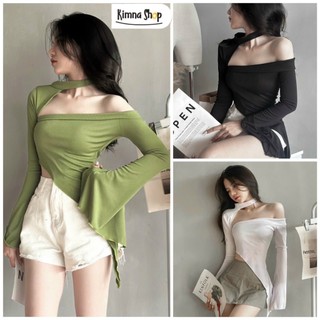 Áo kiểu tay dài tà chéo lệch vai quyến rũ