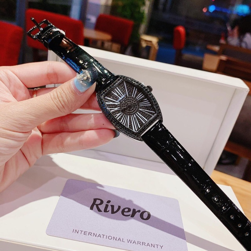 Đồng Hồ Nữ RIVERO R2603  Pin -Dây Da Chính Hãng Mặt Chữ Nhật Đính Full Đá