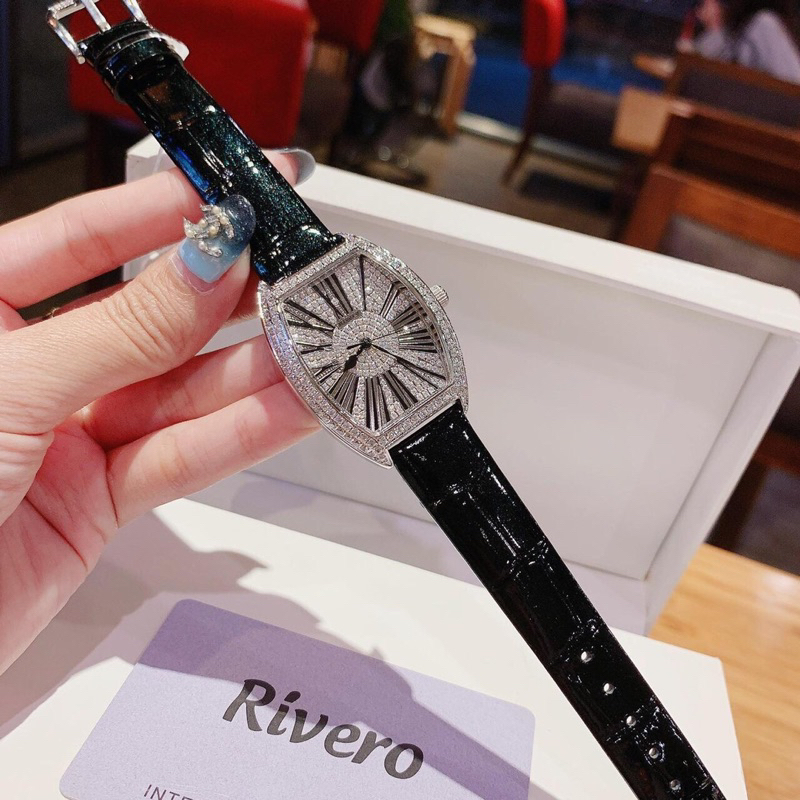 Đồng Hồ Nữ RIVERO R2603  Pin -Dây Da Chính Hãng Mặt Chữ Nhật Đính Full Đá