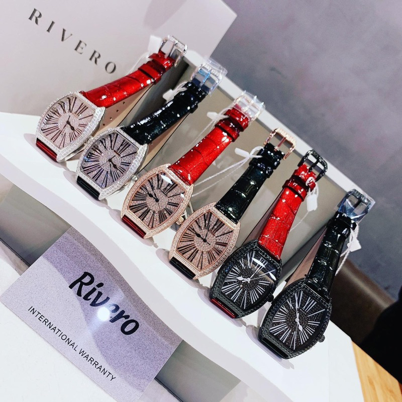 Đồng Hồ Nữ RIVERO R2603  Pin -Dây Da Chính Hãng Mặt Chữ Nhật Đính Full Đá