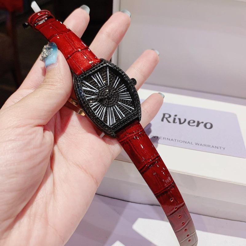 Đồng Hồ Nữ RIVERO R2603  Pin -Dây Da Chính Hãng Mặt Chữ Nhật Đính Full Đá