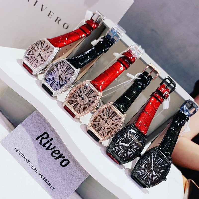 Đồng Hồ Nữ RIVERO R2603  Pin -Dây Da Chính Hãng Mặt Chữ Nhật Đính Full Đá