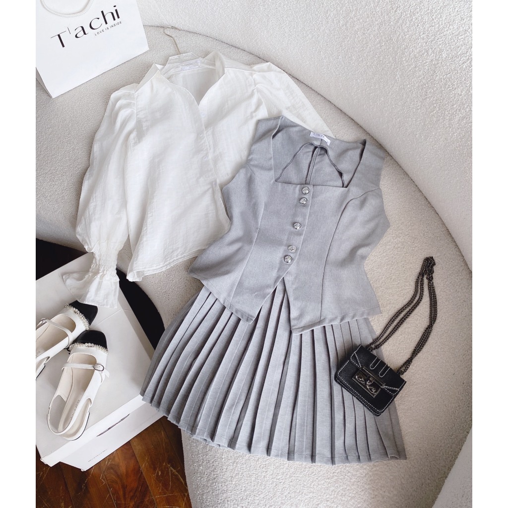 SET GILE XÁM 3 MÓN: ÁO GILE XÁM + ÁO SƠ MI TRẮNG + CHÂN VÁY XẾP LY XÁM