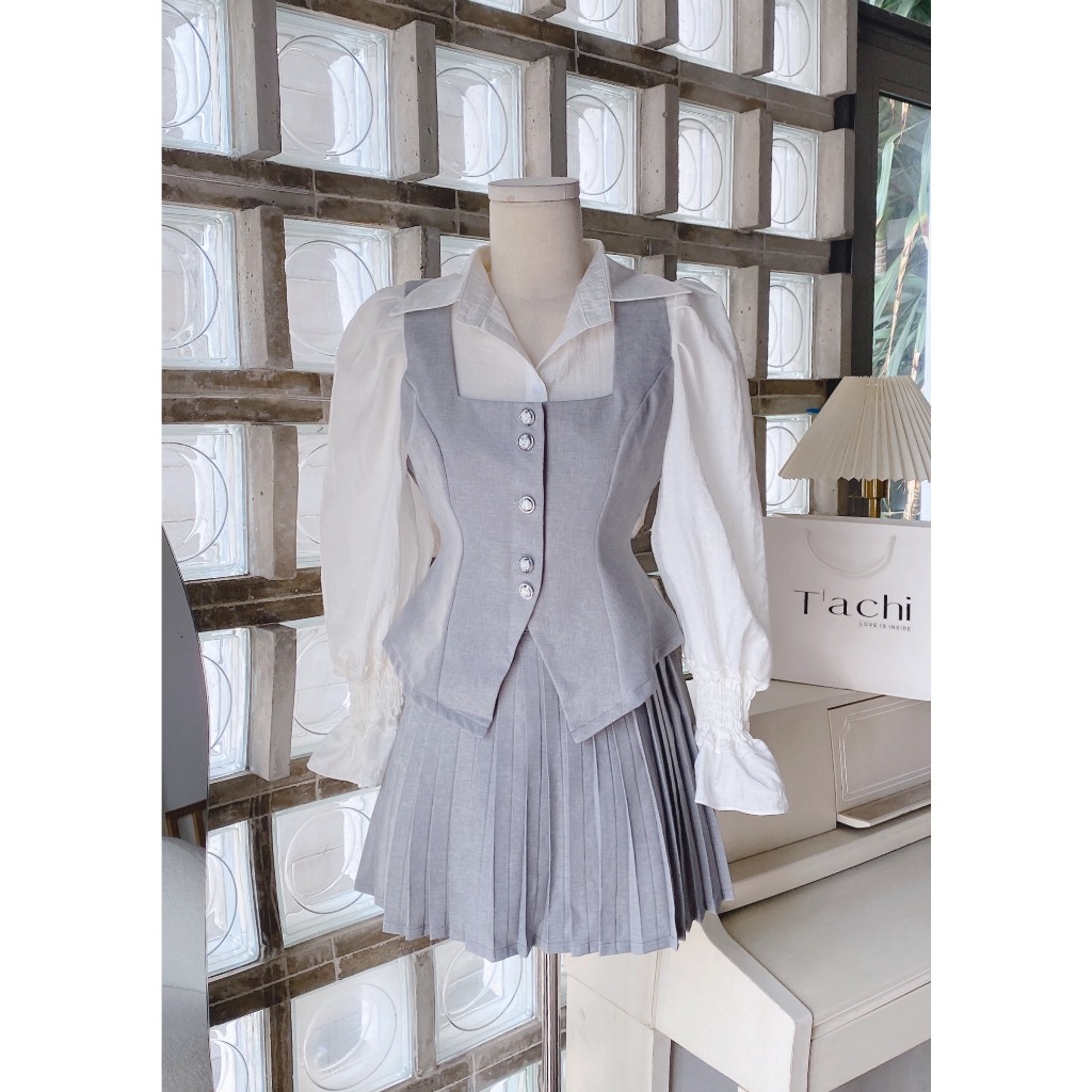 SET GILE XÁM 3 MÓN: ÁO GILE XÁM + ÁO SƠ MI TRẮNG + CHÂN VÁY XẾP LY XÁM