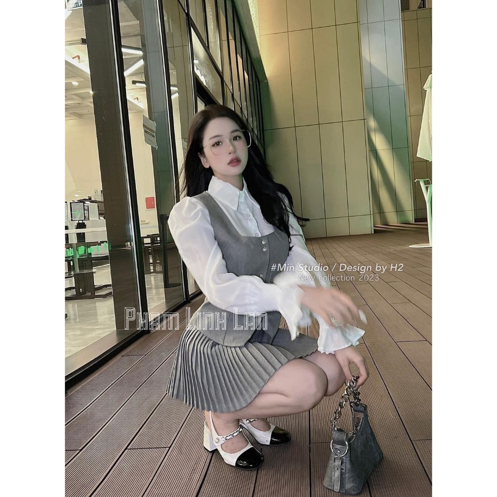 SET GILE XÁM 3 MÓN: ÁO GILE XÁM + ÁO SƠ MI TRẮNG + CHÂN VÁY XẾP LY XÁM