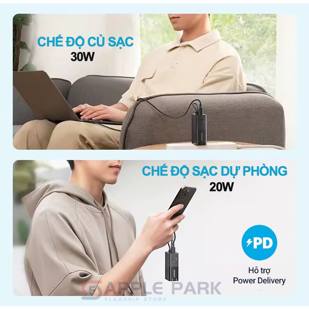 Sạc dự phòng kiêm củ sạc 2 in 1 Anker A1634 PD 30W 5000mAh,Cho Laptop 15 Pro Max 14 Pro 13 12 11 XS 8P,Bảo Hành 12T