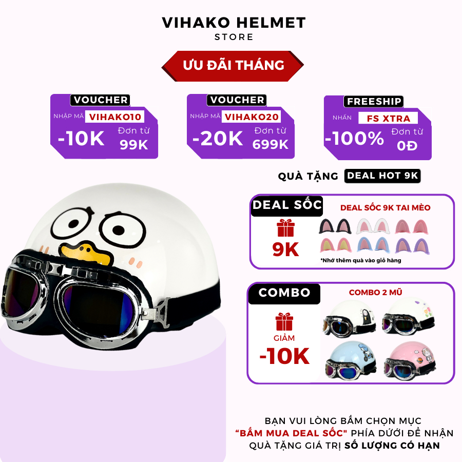 Mũ bảo hiểm nửa đầu Vihako helmet kính phi công, nón 1/2 kính uv chính hãng trơn, nhiều màu, nam nữ học sinh