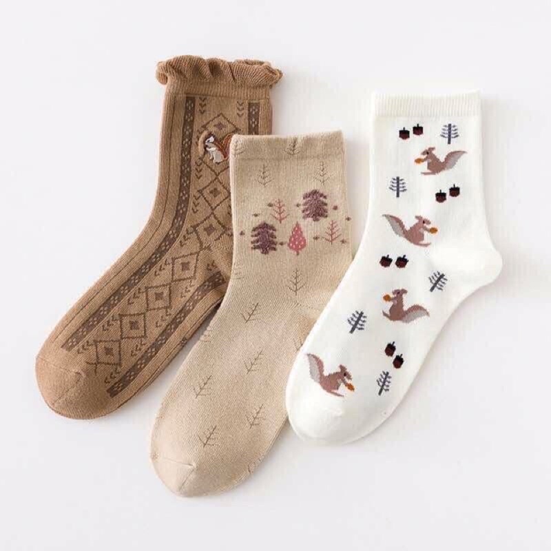 Sét 5 đôi tất nữ VINTAGE Tất nữ cổ cao vớ nữ cổ cao vải cotton co dãn tốt thêu họa tiết