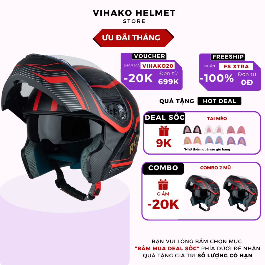 Mũ bảo hiểm Royal fullface M179 Vihako helmet tem V4 lật cằm, nón phượt 2 kính âm chính hãng, nhựa abs nam nữ nhiều màu