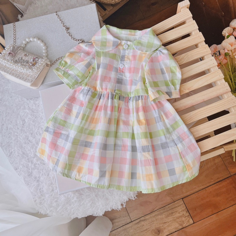 Váy Bé Gái Chất Thô Hàn Kẻ Caro Xinh Xắn Cho Bé 7kg Đến 30kg
