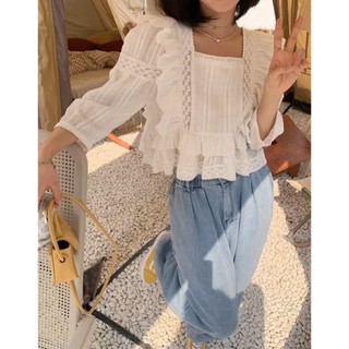 Áo babydoll ulzzang tay lỡ cổ vuông phối ren thắt nơ sau by Cimie Closet