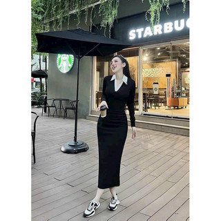 Đầm ôm body thời trang nữ mặc đi chơi cổ sơ mi bẻ dáng dài xẻ tà sau chất vải thun gân