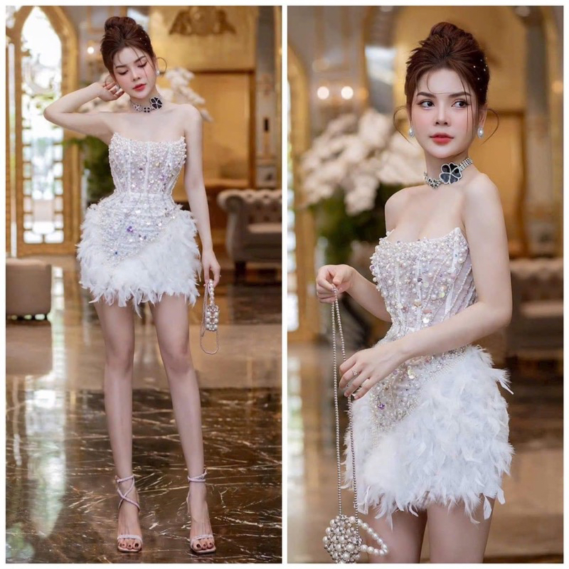 Đầm cúp body đính lông kết hạt dự tiệc kem hình thật