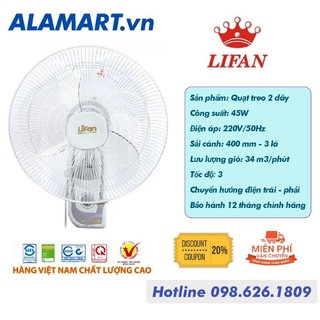 Quạt treo tường Lifan T-162H 2 dây giật đảo, tốc độ