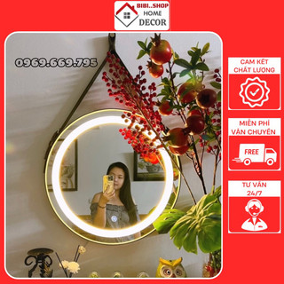 Gương trang điểm treo tường đèn led viền dây da phong cách Bắc Âu , Gương treo tường treo nhà tắm đèn led 3 chế độ màu