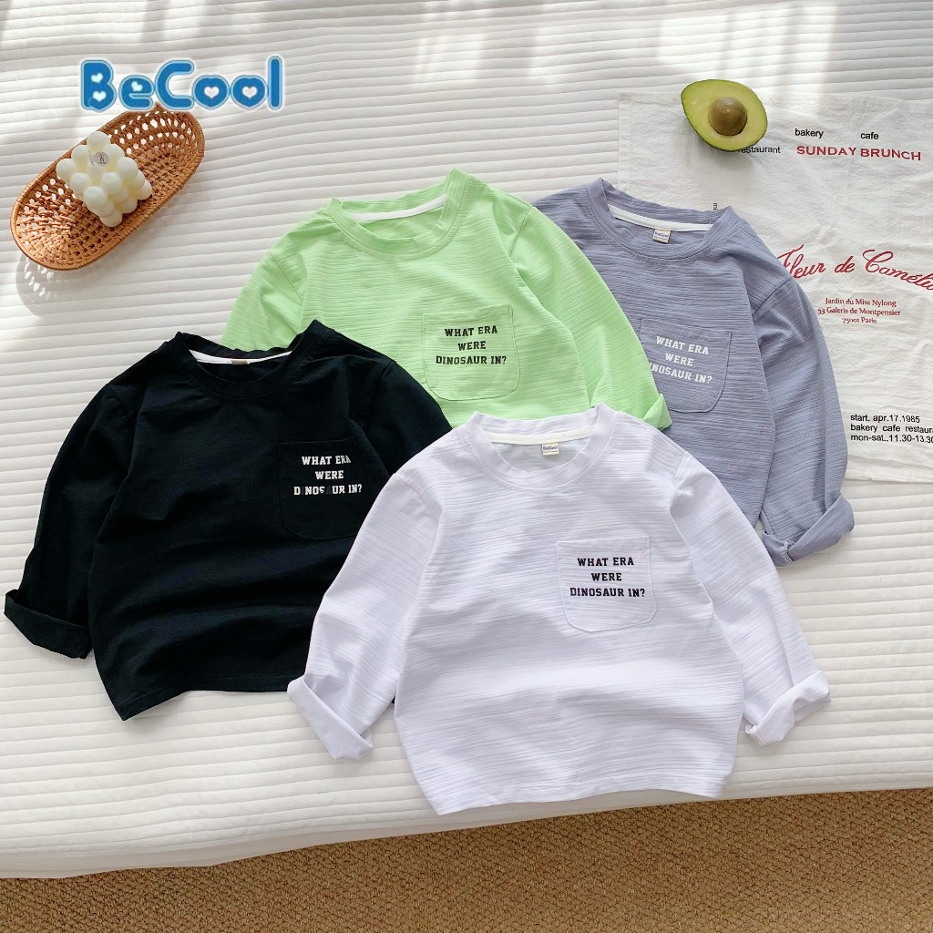 Áo thu đông cho bé, áo phông dài tay bé trai bé gái FOM RỘNG chất cotton xước mềm mại,co giãn,IN TÚI CHỮ- BeCool 12-33kg