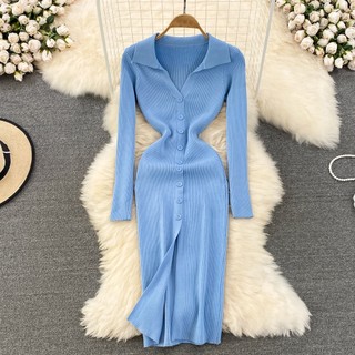 [Hàng order có video] Đầm len body cổ Polo tay dài nữ tính thanh lịch