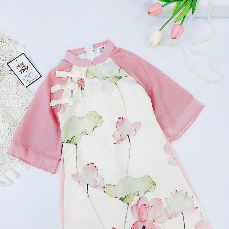 10-30kg set áo dài hoa sen khuy thuyền cho bé gái không kèm mấn