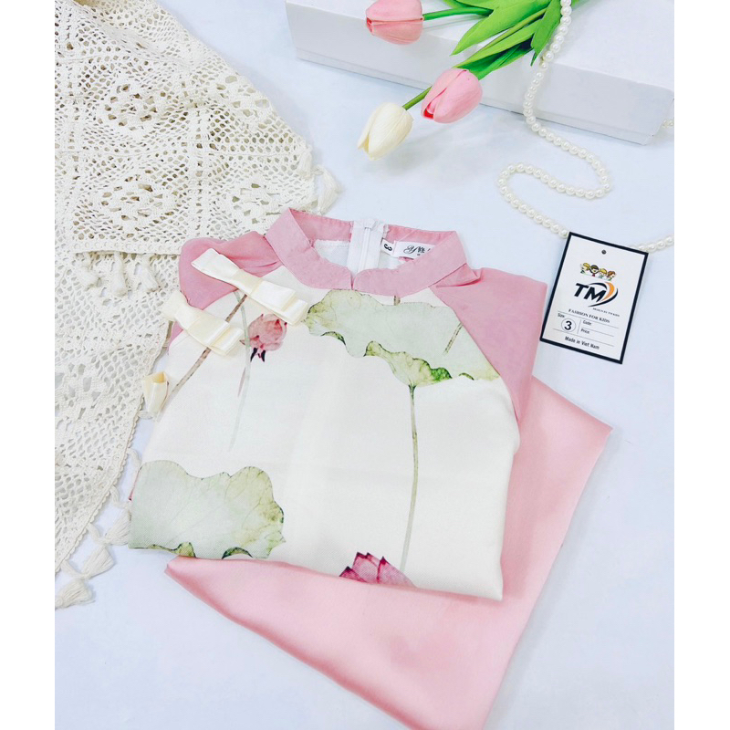 10-30kg set áo dài hoa sen khuy thuyền cho bé gái không kèm mấn