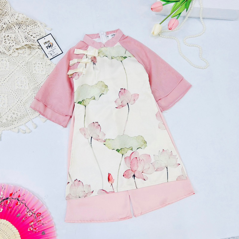 10-30kg set áo dài hoa sen khuy thuyền cho bé gái không kèm mấn
