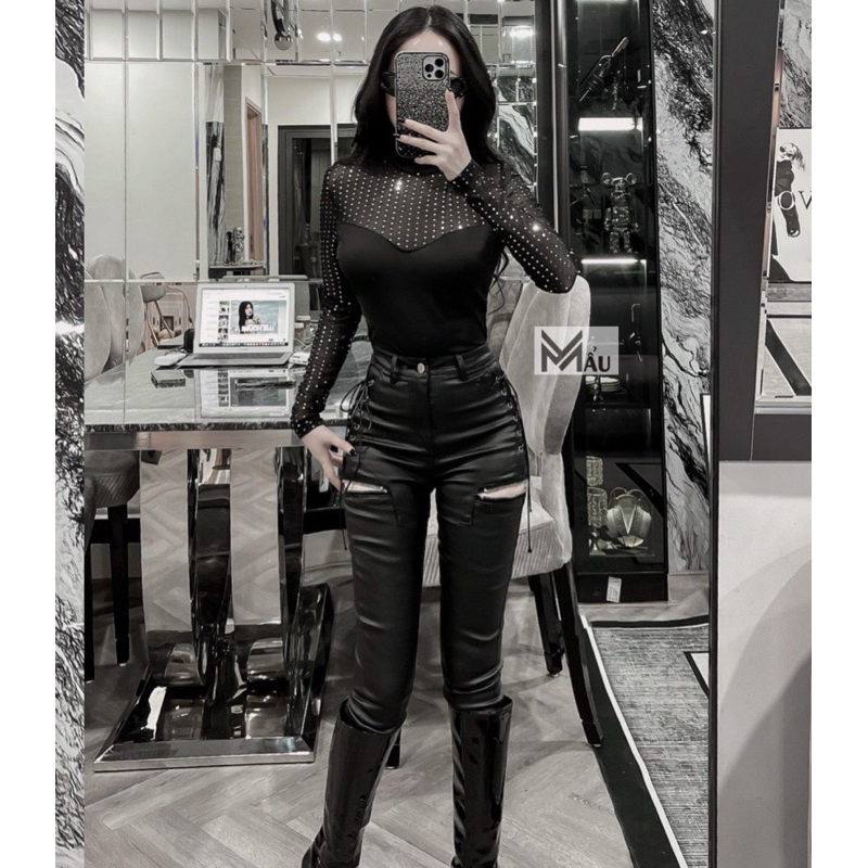 Áo bodysuit đính đá bling QC