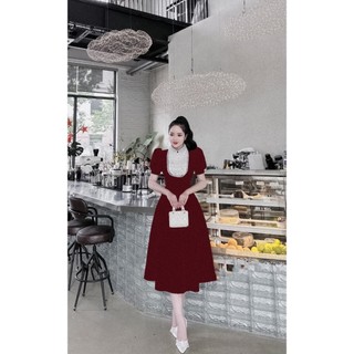 Linda Dress - Đầm nhung đỏ cổ bèo kèm ren, tay phồng, dáng dài