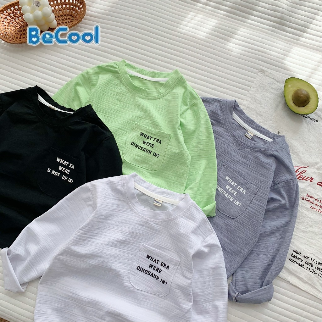 Áo thu đông cho bé, áo phông dài tay bé trai bé gái FOM RỘNG chất cotton xước mềm mại,co giãn,IN TÚI CHỮ- BeCool 12-33kg