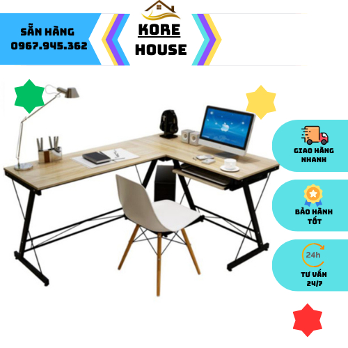 Bàn Gaming Máy Tính, Bàn Chữ L - KORE - Gỗ MDF Chống Xước Khay Bàn Phím, Giá Để PC, Bàn Làm Việc Chân Chéo KT 110x120cm