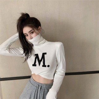 Áo thun crotop nữ  cổ lọ tay dài in chữ M thời trang thu dông cực xinh