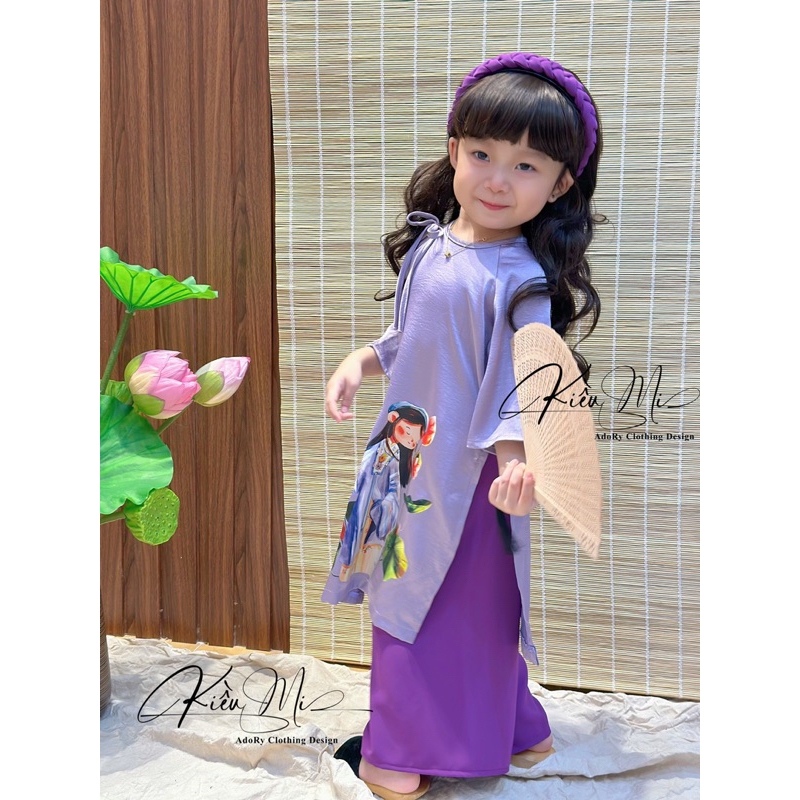 Áo dài cách tân lụa in hình cho bé 8-42kg