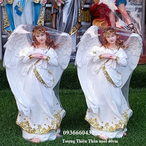 Tượng Thiên thần trắng 40cm dát vàng công nghiệp viền áo hoa văn(trang trí Noel) Tượng công giáo composite