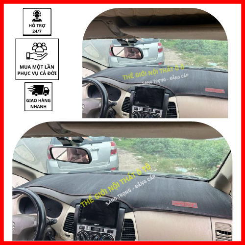 Thảm taplo toyota innova đời 2009 đến 2023 da cacbon,da vân gỗ, tuyết nhung chống nắng cao cấp