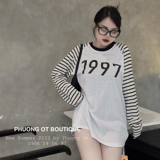 Áo thun giấy tay kẻ dọc in 1997 hot