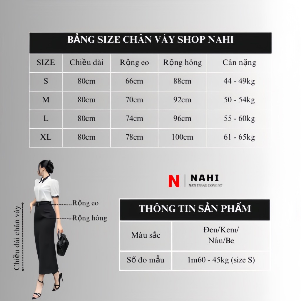 Chân váy bút chì xuông Nahi.vn dài 80cm sẻ sau có đỉa thắt đai lưng NH31
