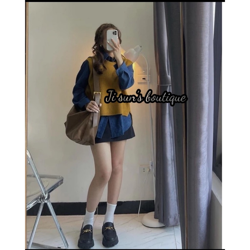 Set Áo Sơmi Mix Áo Gile Cá Tính hàng Quảng Châu siêu đẹp đủ size S M L XL (Màu nâu tây)