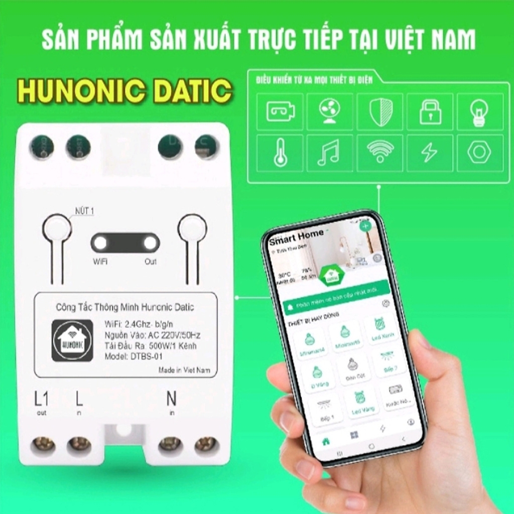 Công Tắc Thông Minh Wifi Giá Rẻ, Công Tắc Điều Khiển Thiết Bị Từ Xa Bằng Điện Thoại Hunonic Datic Basic - DTBS01