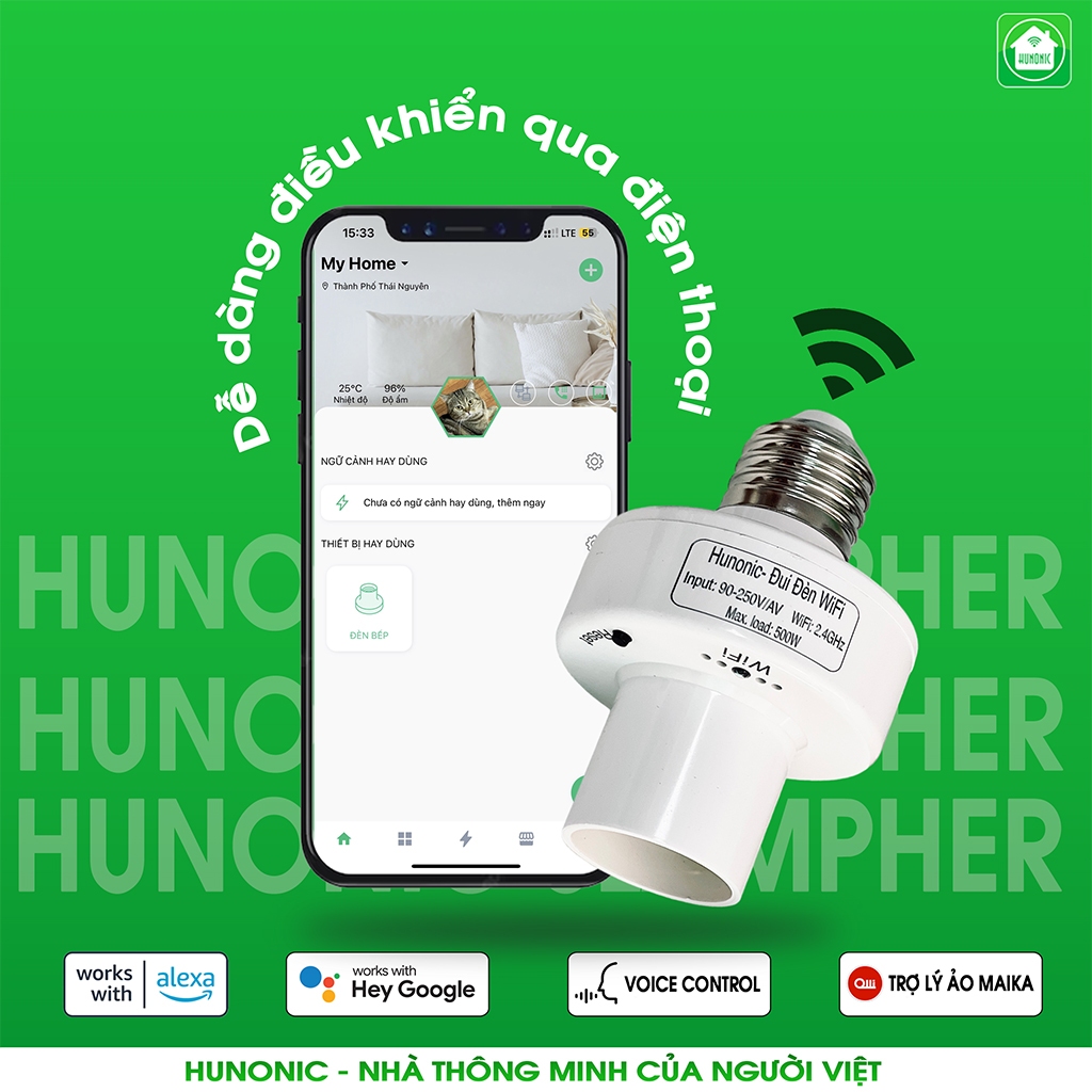 Đui Đèn Wifi Hunonic, Hẹn Giờ Tự Động, Điều Khiển Từ Xa Qua Điện Thoại - HNSPWF