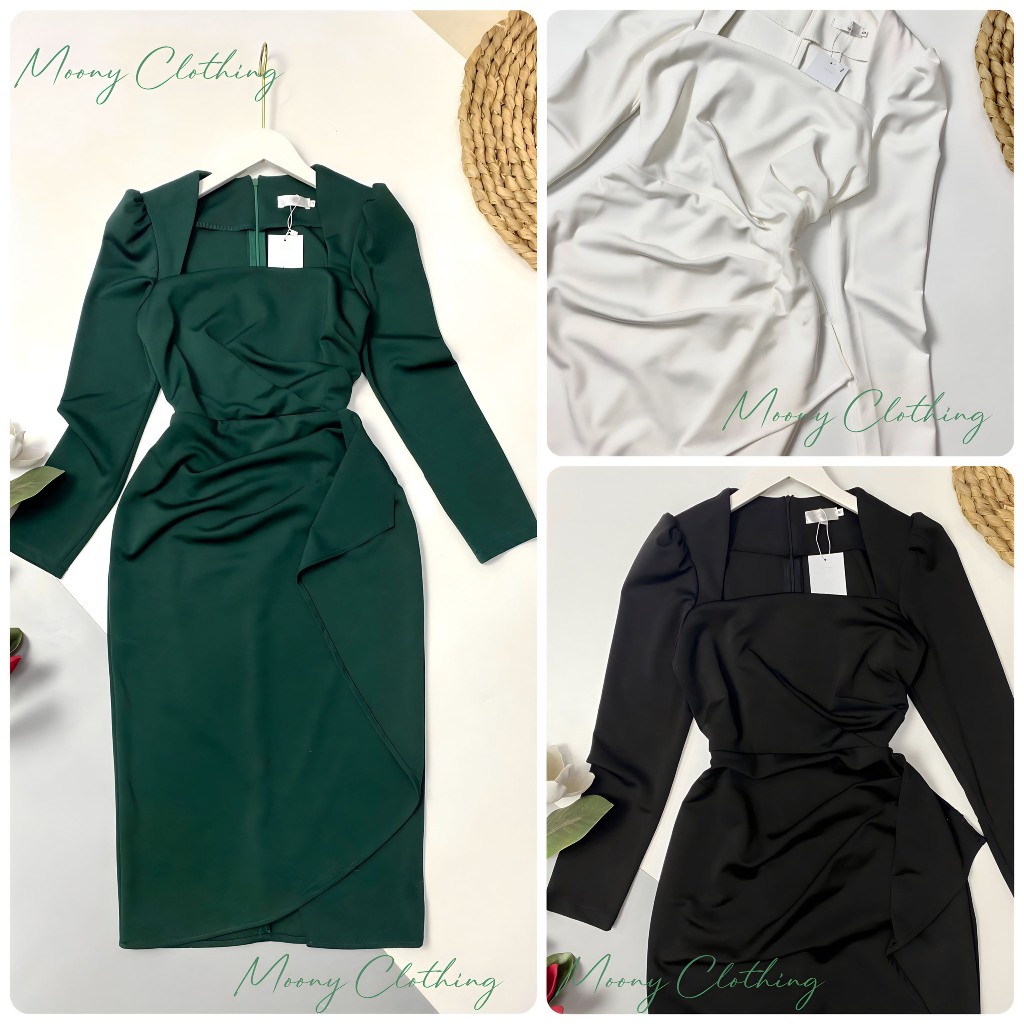 Váy Nữ Cổ Vuông Tay Bồng Nhún Eo. Đầm Thu Đông Công Sở Dự Tiệc Ôm Body Vạt Chéo Vải Umi Hàn Co Giãn Tốt Bigsize 40-65Kg